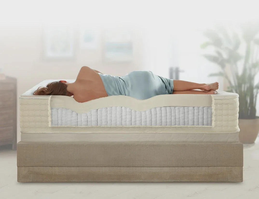 PlushBeds latex mattress cutaway showing organic cotton, wool, latex, and pocketed coil construction layers