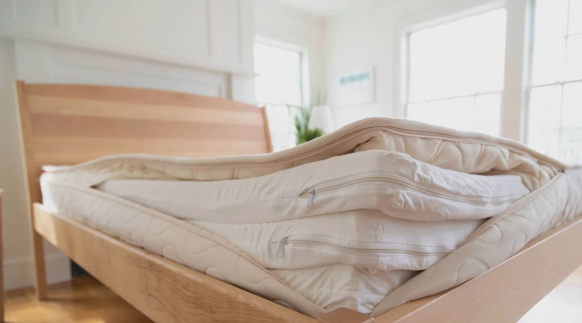 Three GOLS-certified organic Dunlop latex layers stacked inside the Spindle mattress cover