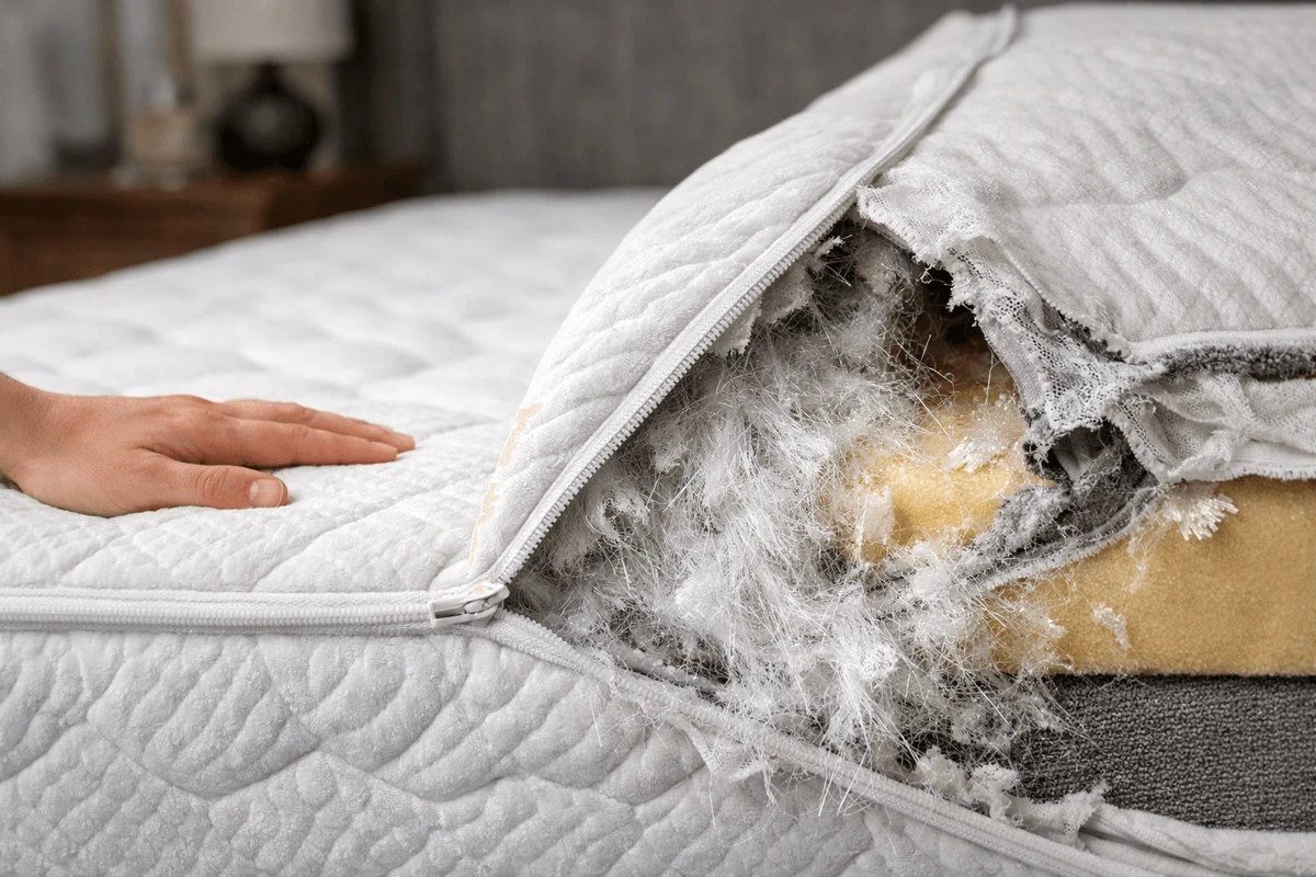 Diagram showing how a fiberglass fire barrier sits inside a mattress