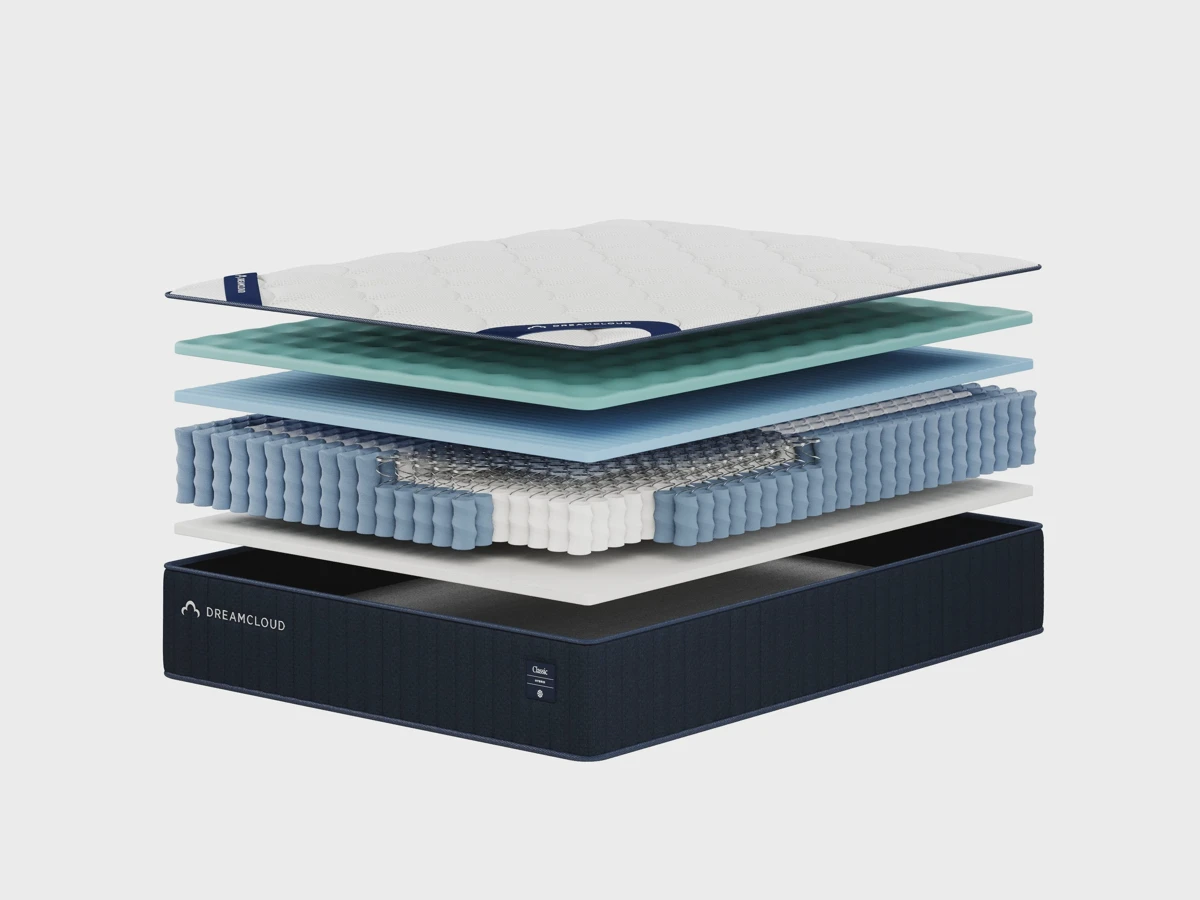 Cutaway view of DreamCloud Classic Hybrid mattress layers including cashmere cover, gel memory foam, and pocketed coils