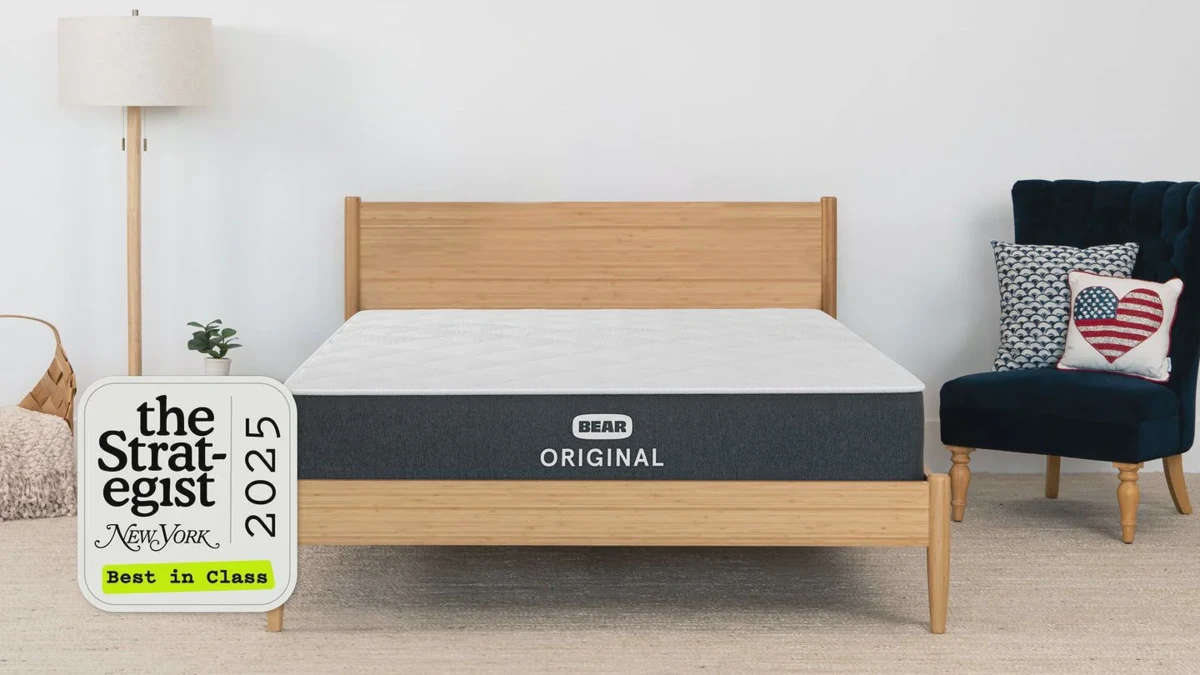 Bear Original mattress shown with environmental certification badge