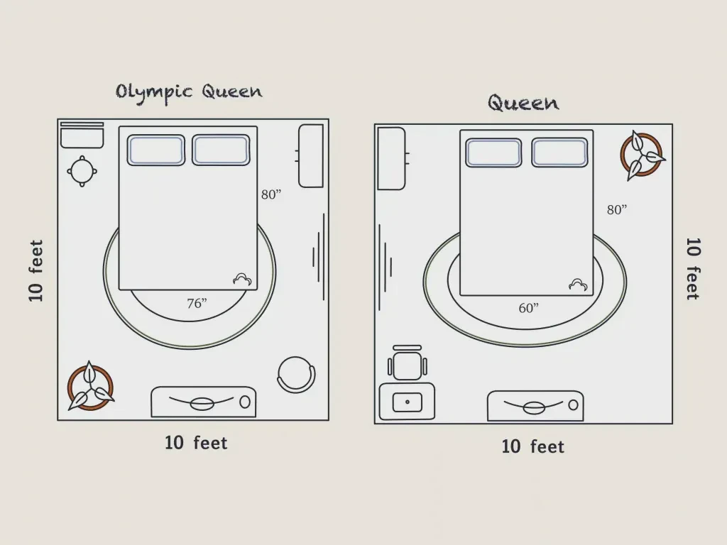 Olympic queen mattress in a 10 by 10 foot bedroom layout