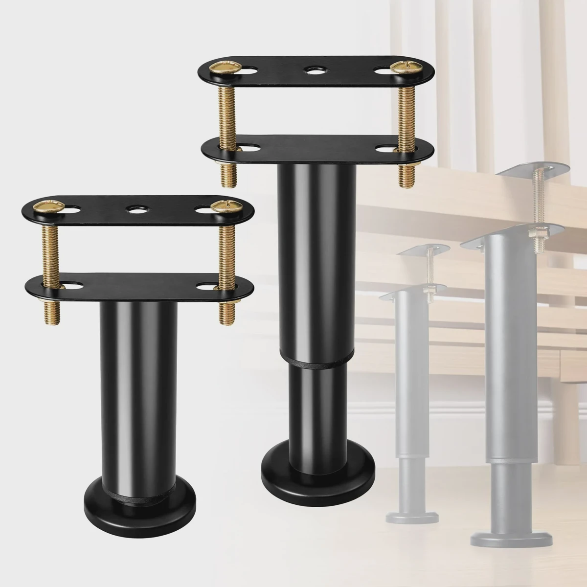 Adjustable metal center support bar with floor-touching legs under a bed frame