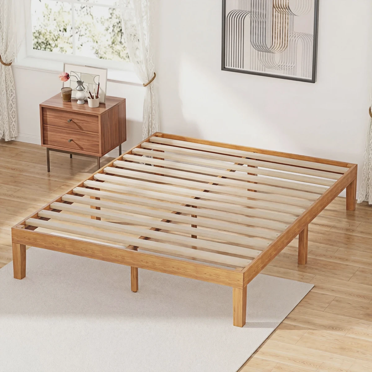 Closely spaced solid pine wood slats on a platform bed frame