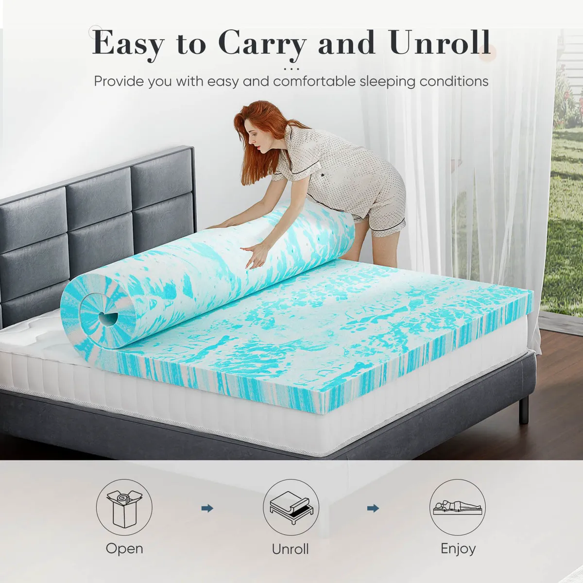 Memory foam mattress topper unrolled on a bed, showing thickness and surface texture