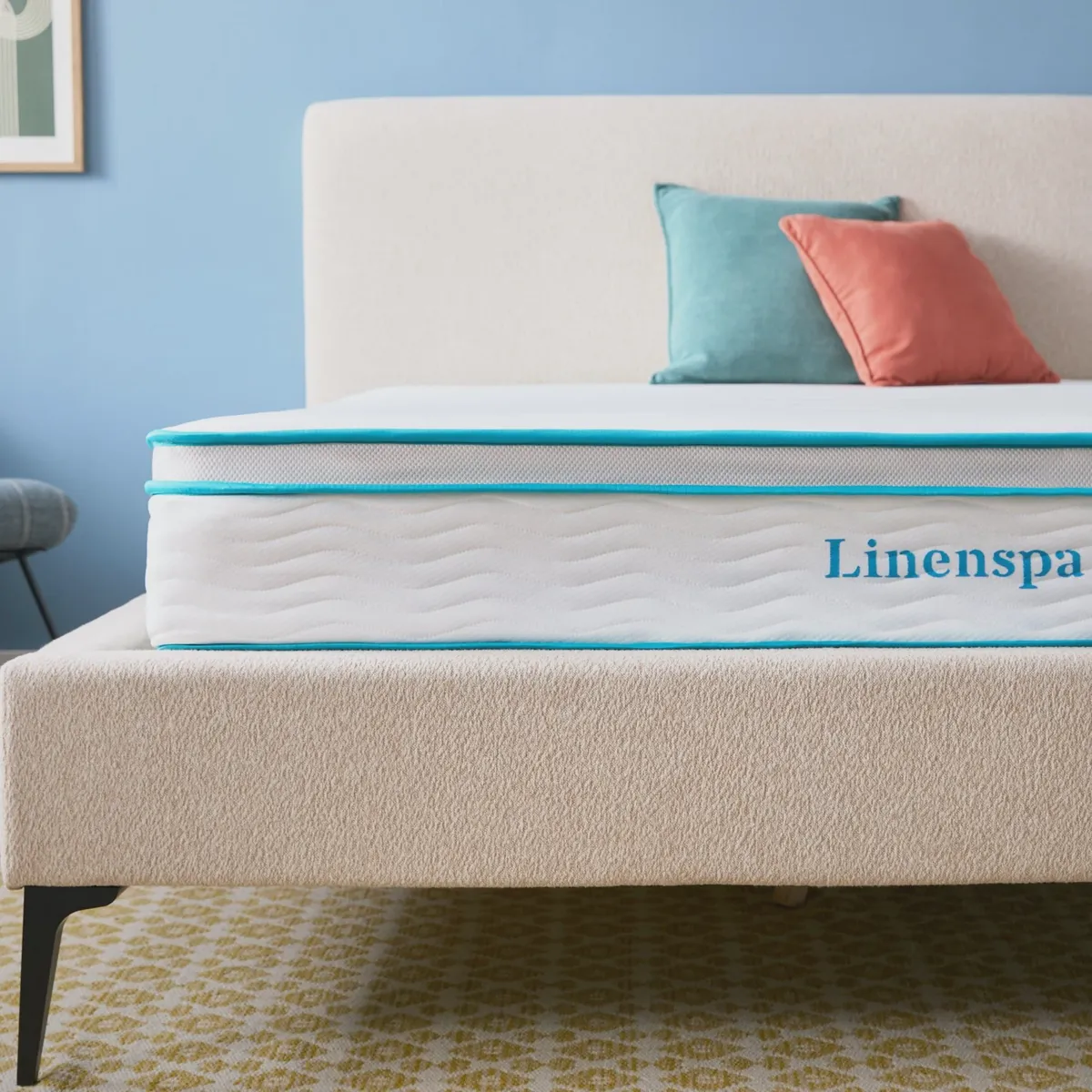 Close-up of Linenspa hybrid mattress corner showing quilted cover and coil edge