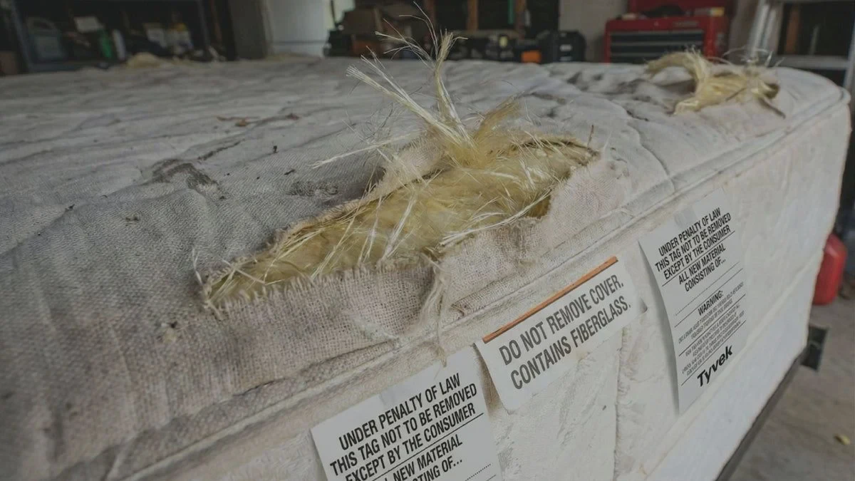 Close-up of white fiberglass particles released from a damaged mattress cover