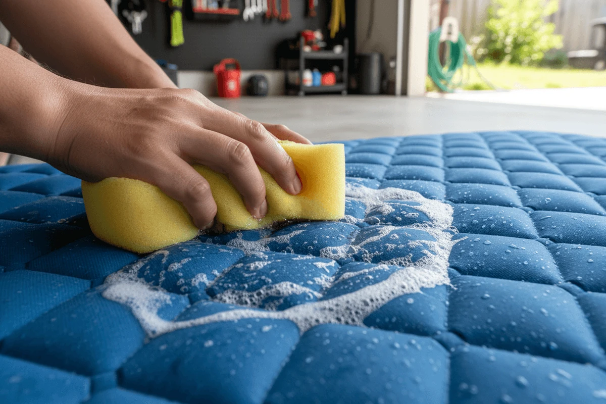 Soft sponge with mild soap bubbles cleaning an air mattress surface