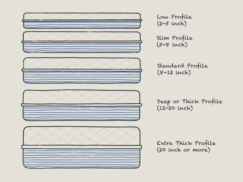 Mattress thickness layer breakdown diagram showing comfort, transition, and support layers