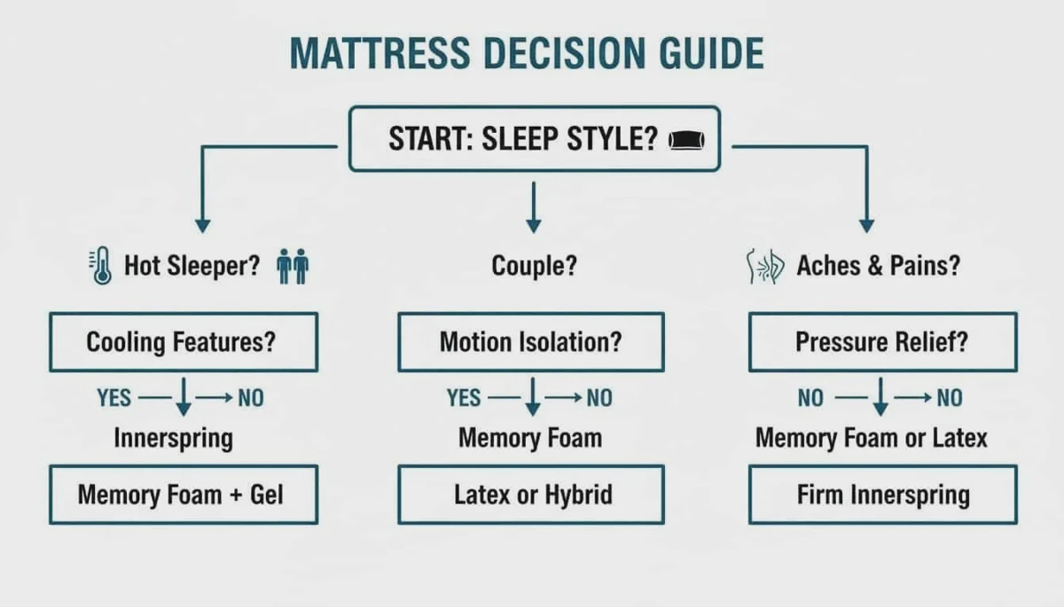 Couple choosing between innerspring and hybrid mattress