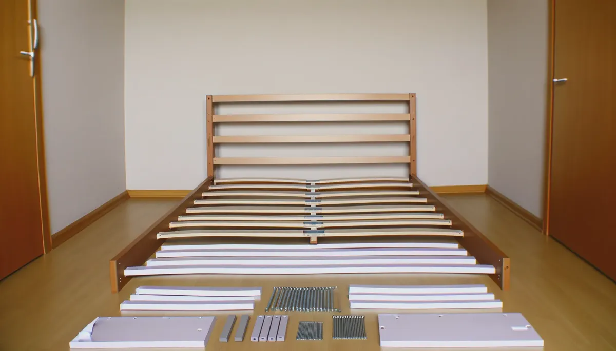 Bed frame parts laid out: headboard, footboard, side rails, and slats