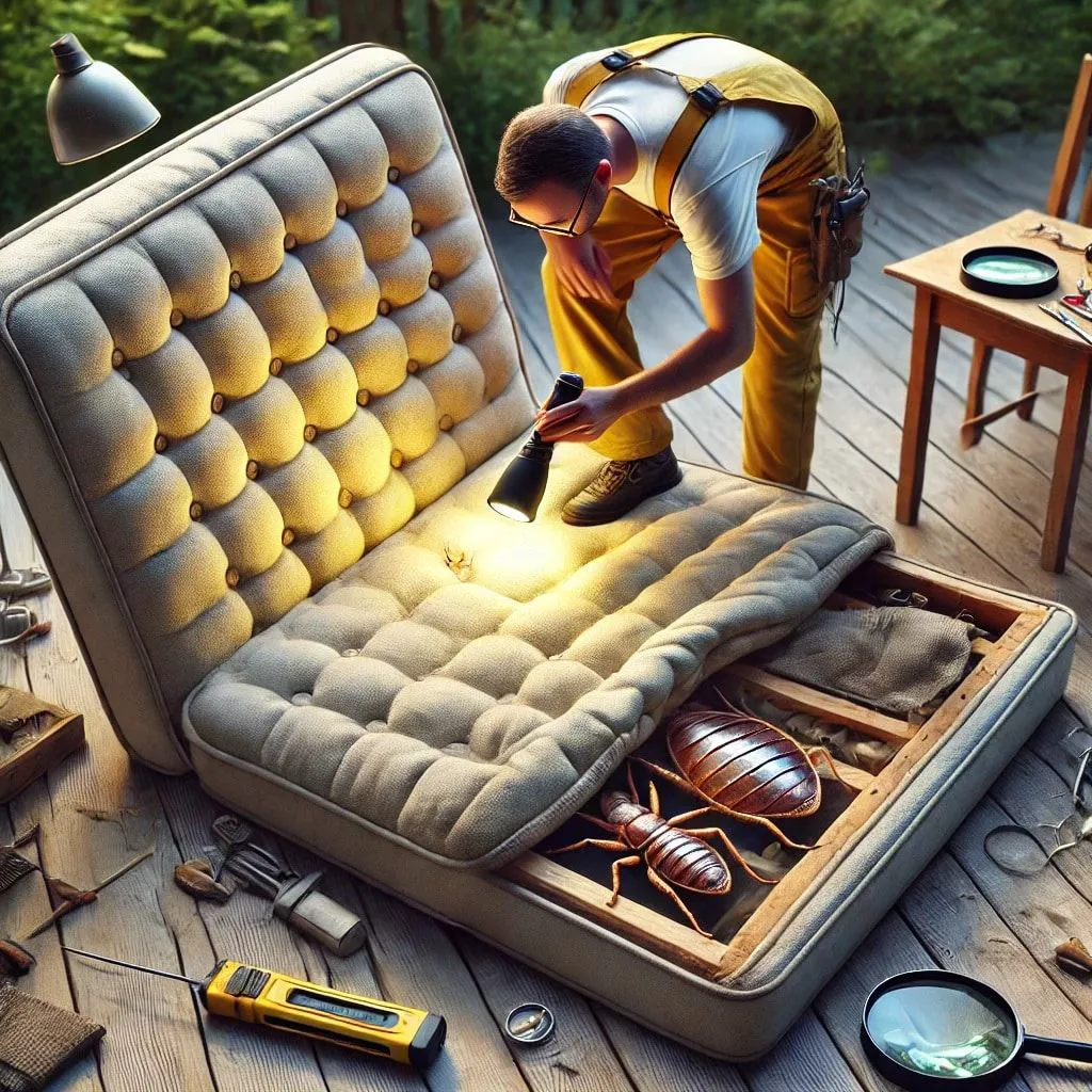 Person inspecting a mattress seam for signs of bed bugs