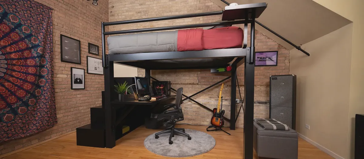 Black queen-size adult loft bed with staircase, attached desk, and reinforced steel frame