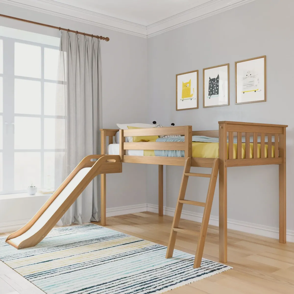 Solid wood twin low loft bed with ladder rated for 400 lb weight capacity