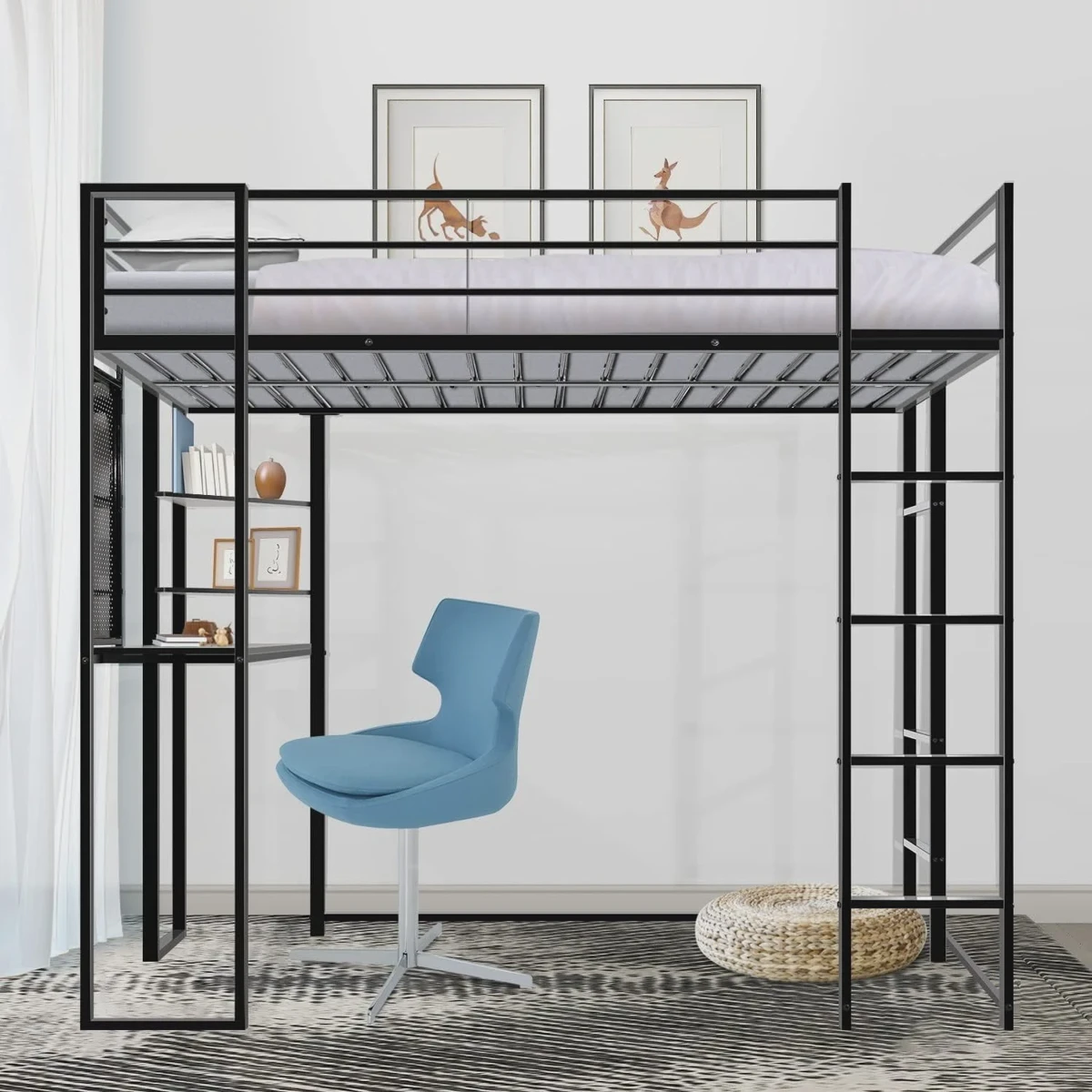 Twin metal loft bed with desk and shelves rated for 200 lb capacity