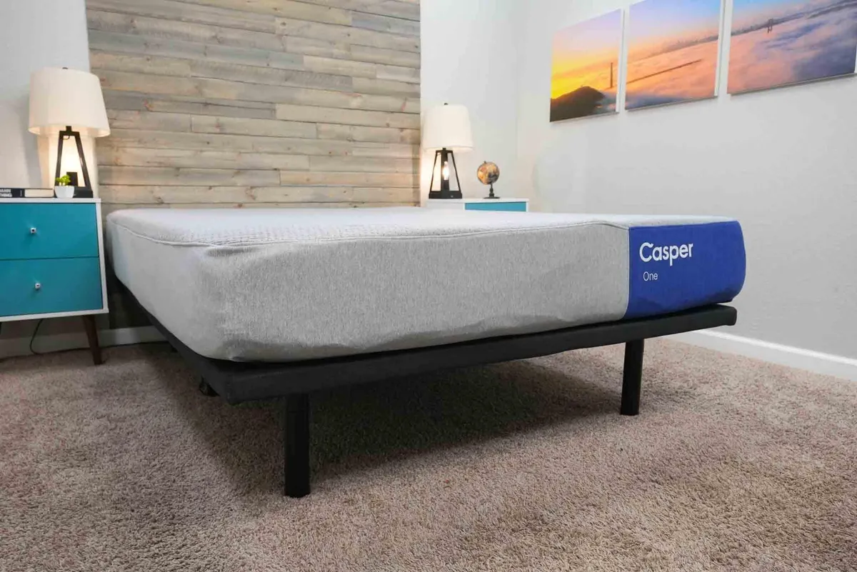 The Casper One foam mattress, a current fiberglass-free model with a rayon-based fire barrier