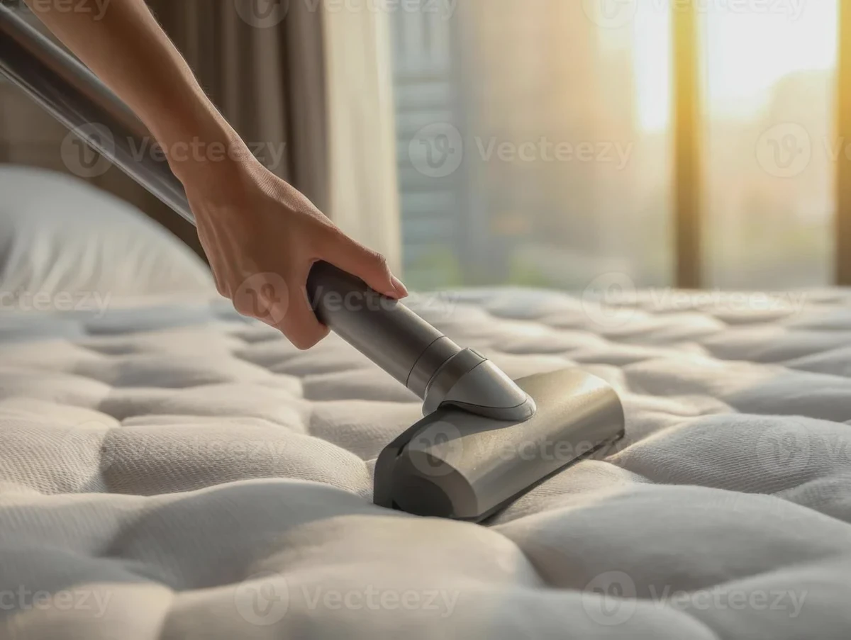 Person vacuuming a mattress with an upholstery attachment in a bright bedroom