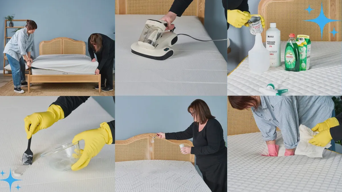 Vacuuming a bare mattress with an upholstery attachment as the first cleaning step