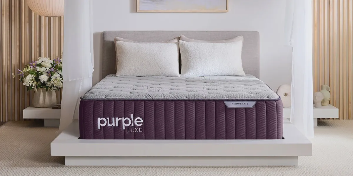 Purple Rejuvenate mattress in a bedroom - used to illustrate Purple's at-home return pickup process
