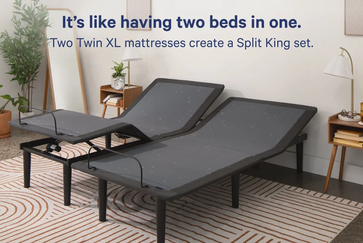 Split king mattress on a dual adjustable base with one side reclined and the other flat