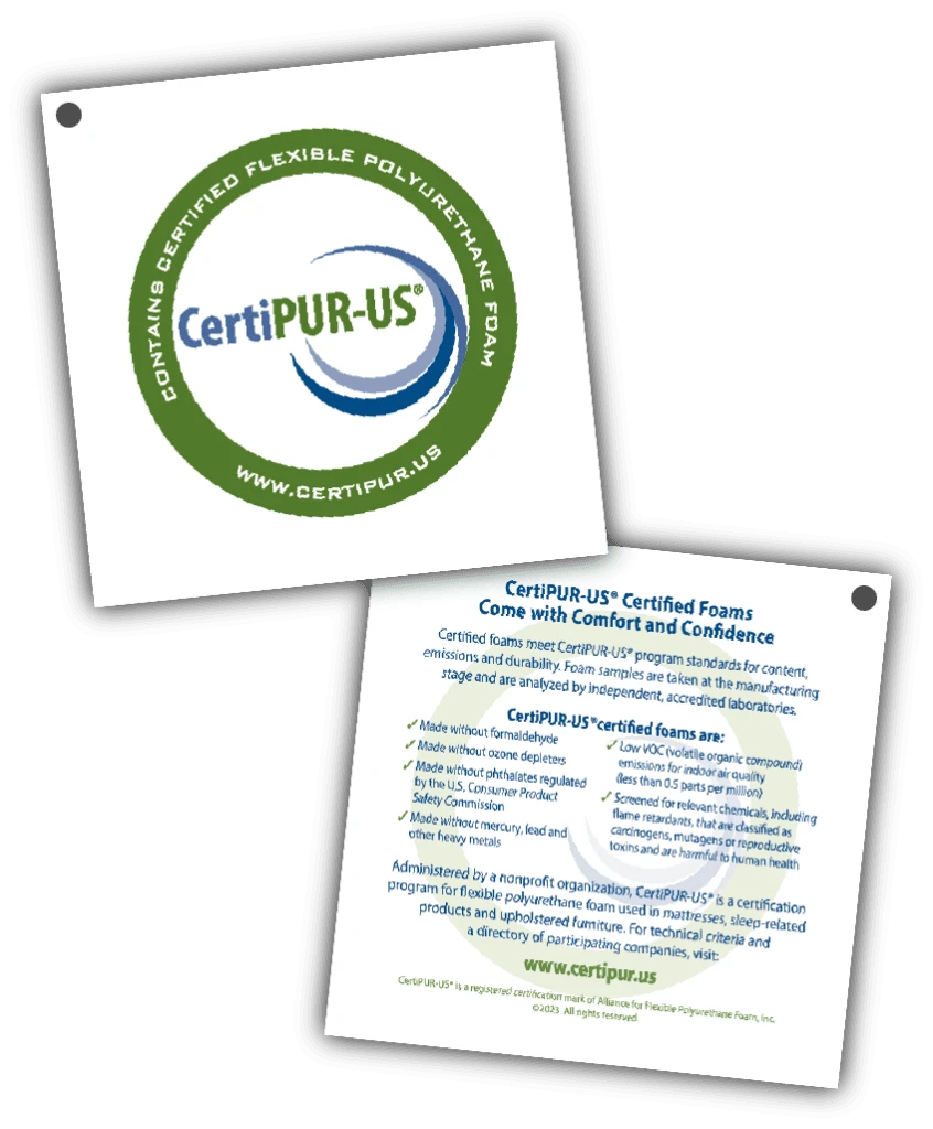 CertiPUR-US foam certification hangtag listing prohibited chemicals and VOC limits