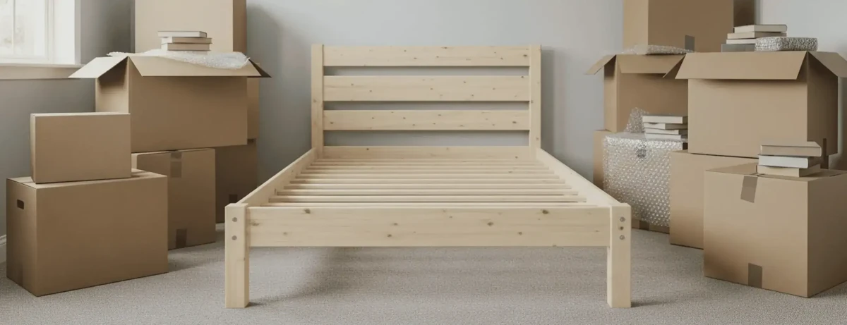 Wooden bed frame components disassembled and ready to wrap
