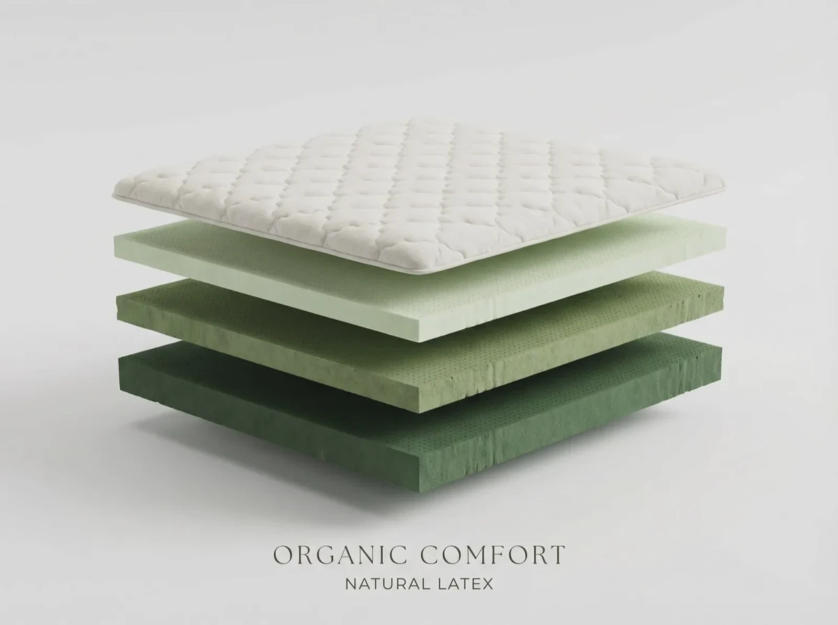Exploded view of an organic mattress showing the wool layer that replaces fiberglass as a flame barrier