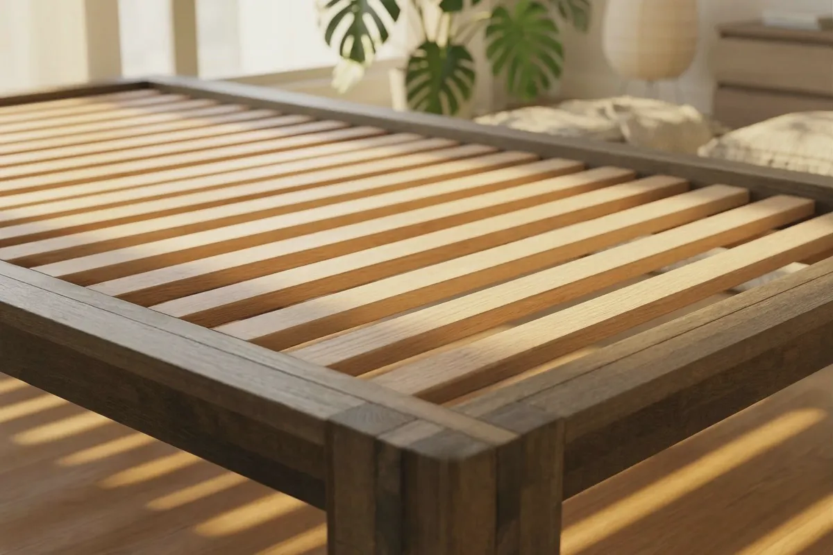 Close-up of platform bed slats spaced about three inches apart for foam mattress support