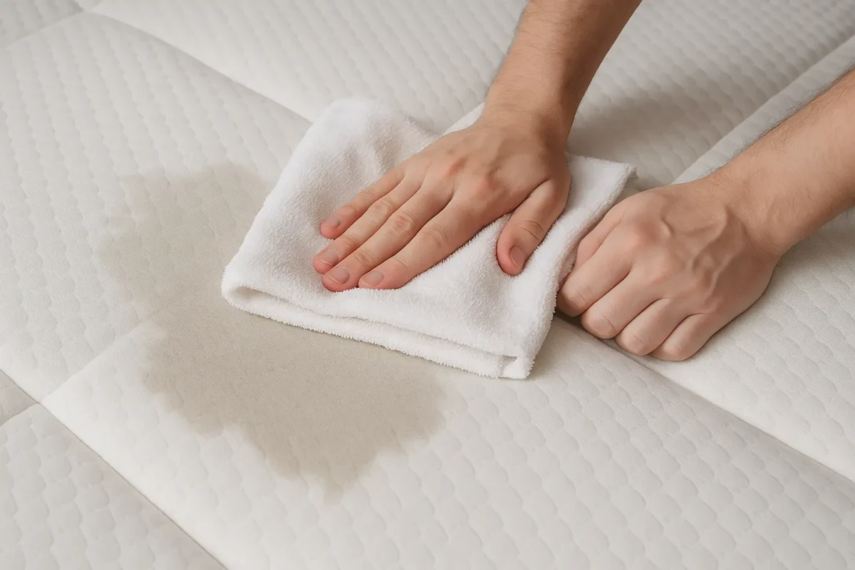 Pressing a thick white towel onto a wet patch on a memory foam mattress to absorb moisture