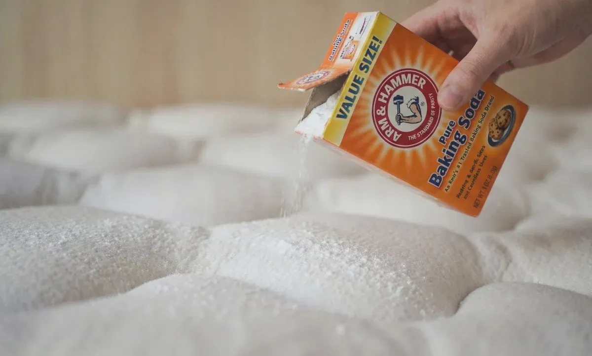 Baking soda being sprinkled generously over a mattress surface to absorb moisture