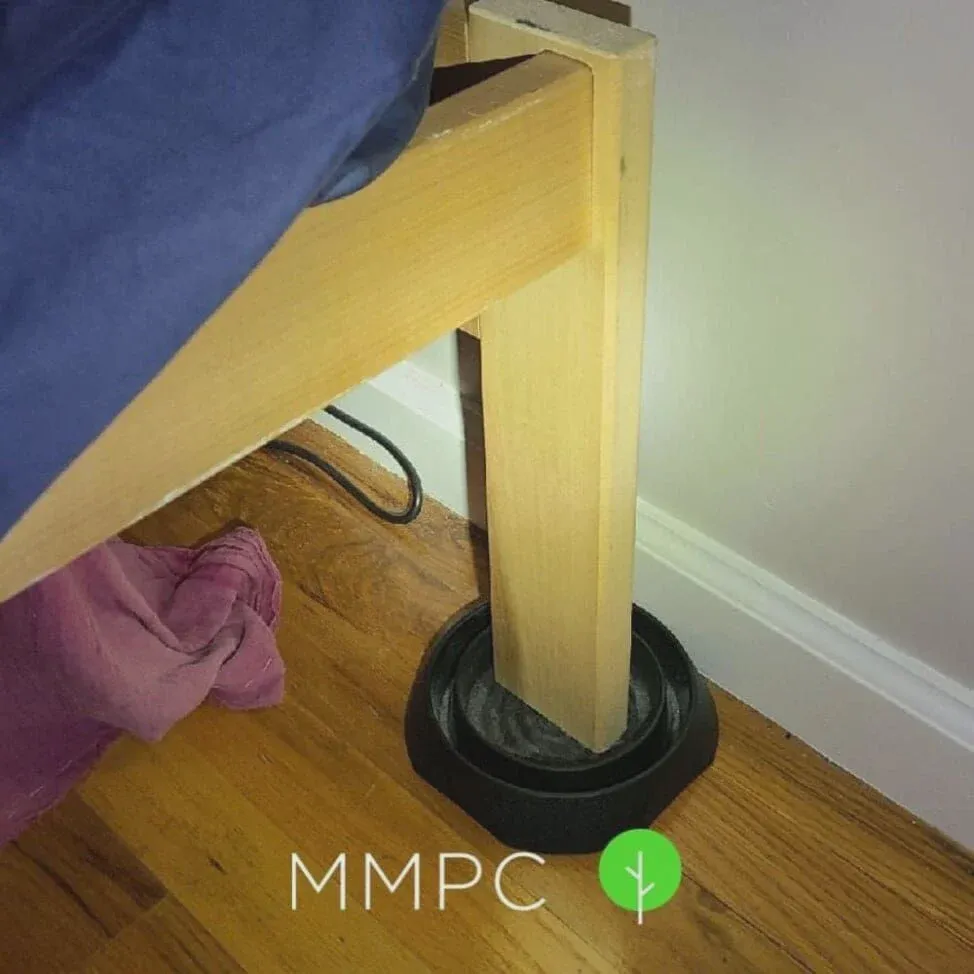 Bed bug interceptor cup placed under a wooden bed leg