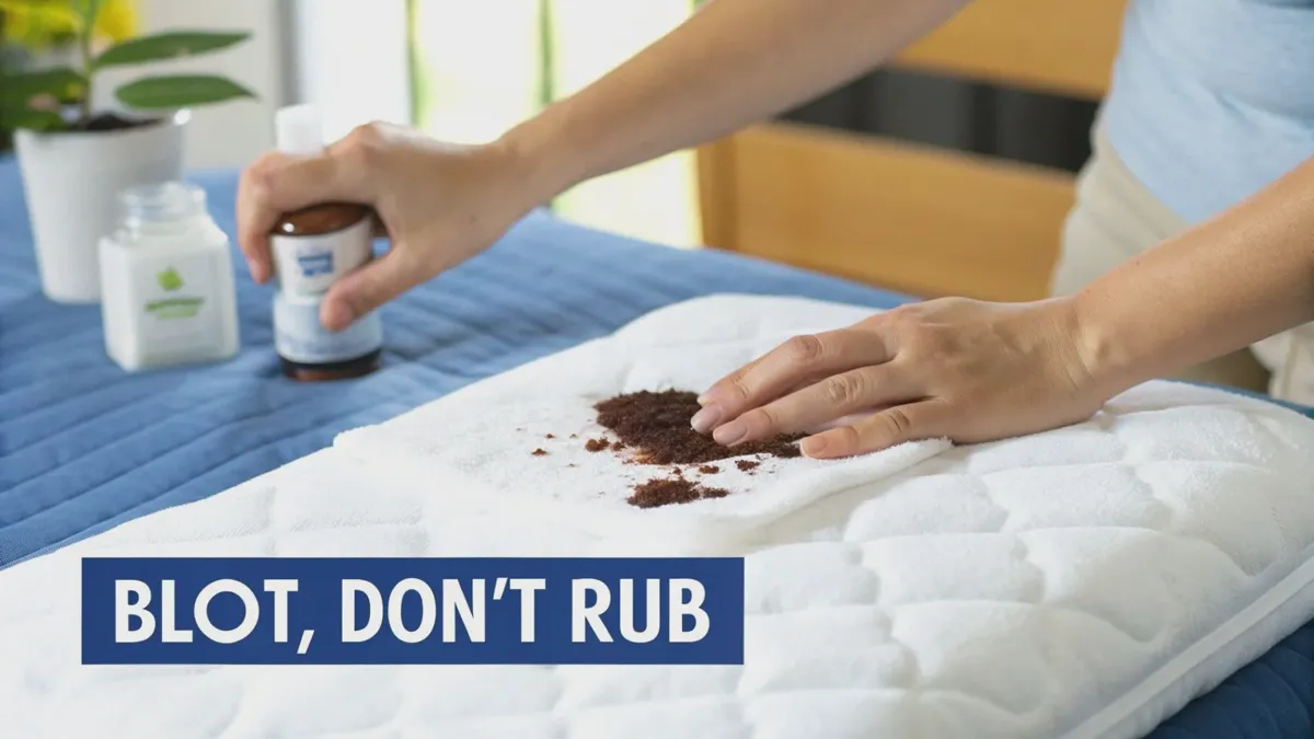 Blotting a fresh urine stain on a memory foam mattress with a clean white towel