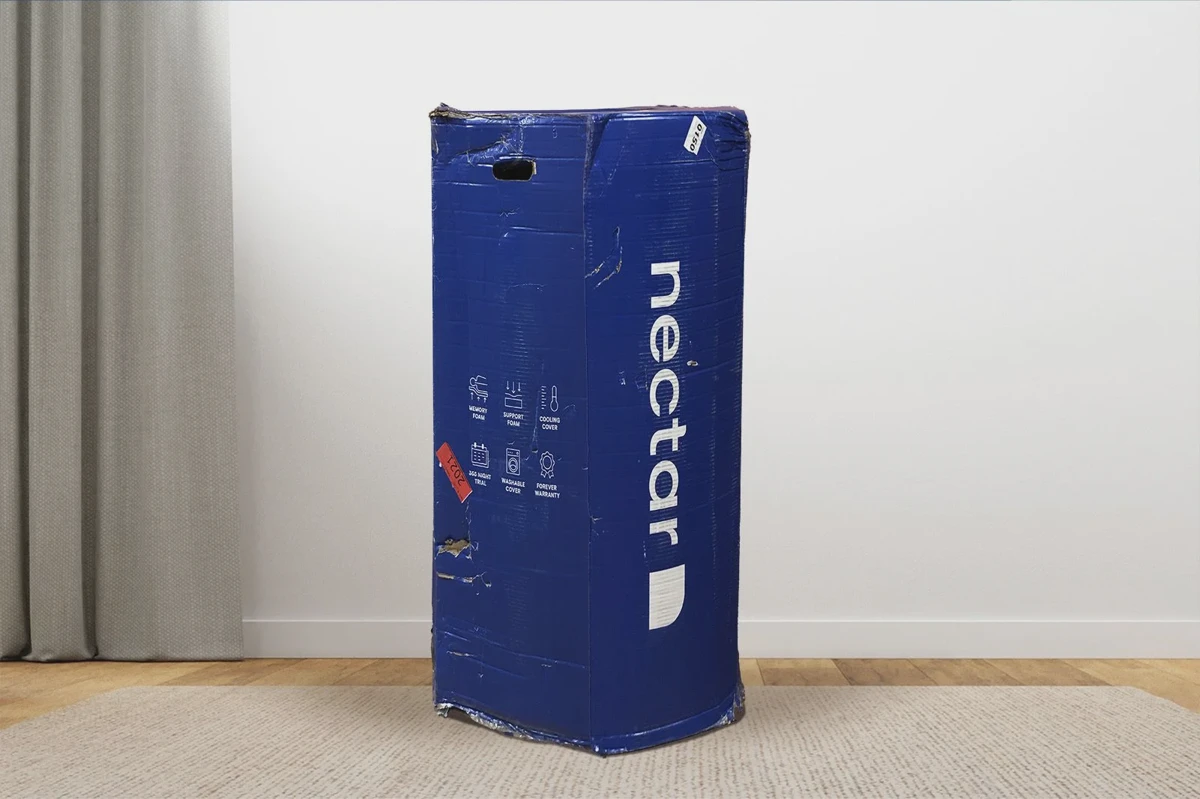 Nectar mattress in its compressed shipping box ready for unboxing