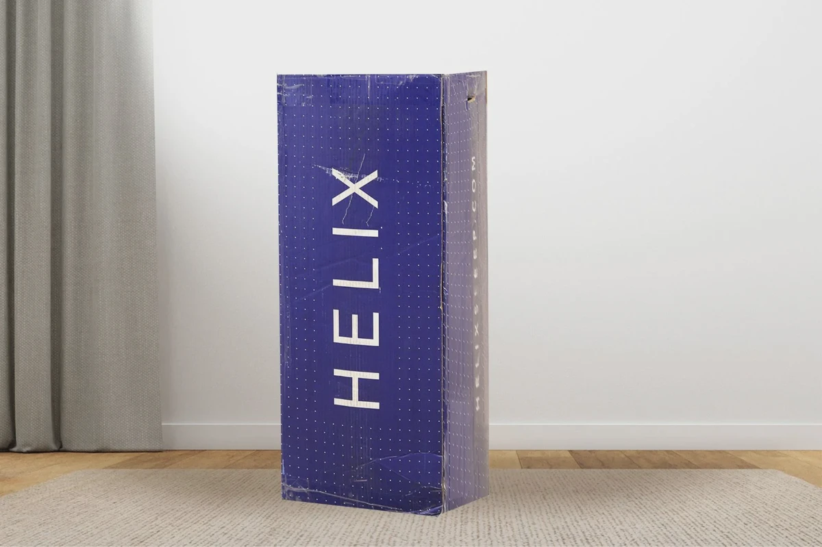 Compressed Helix mattress in shipping box, ready to unbox in the bedroom