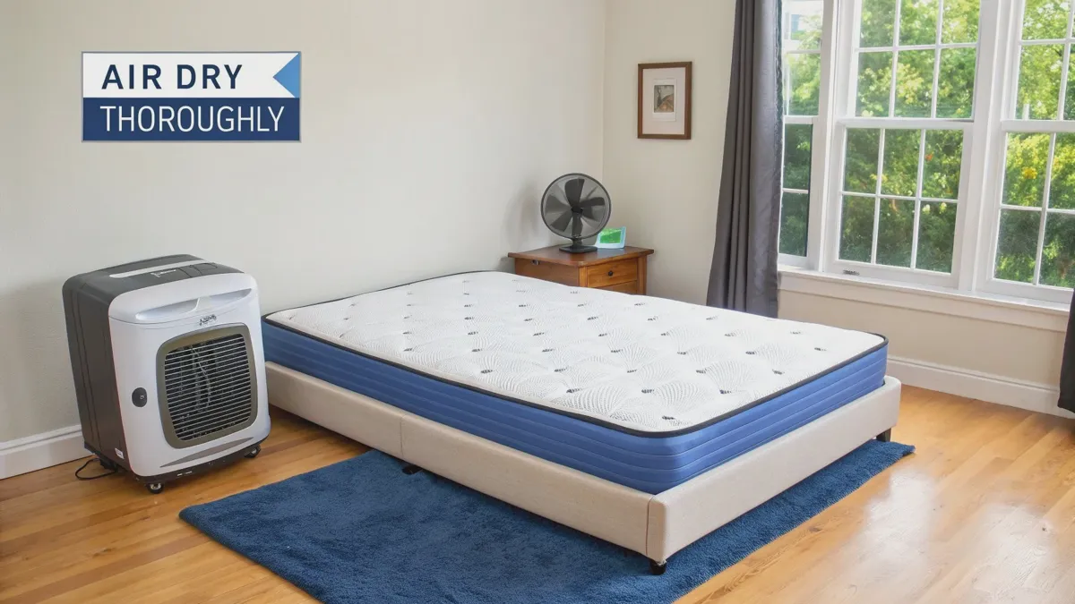 Memory foam mattress drying with fans and open windows after cleaning to prevent mold