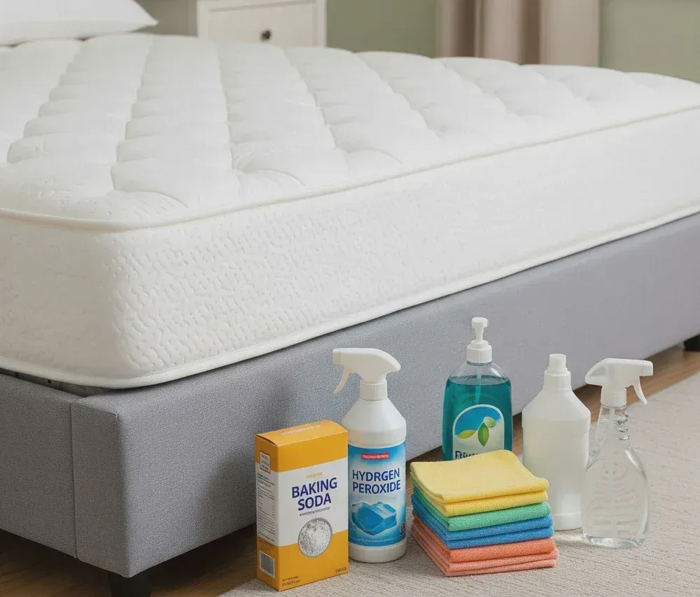 Spot-treating a stain on a white mattress with a cloth and cleaning solution