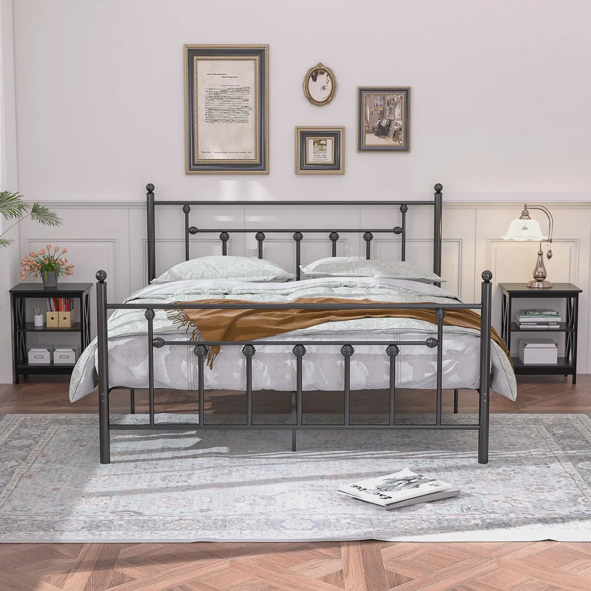 Heavy-duty steel slat bed frame with anti-sway construction