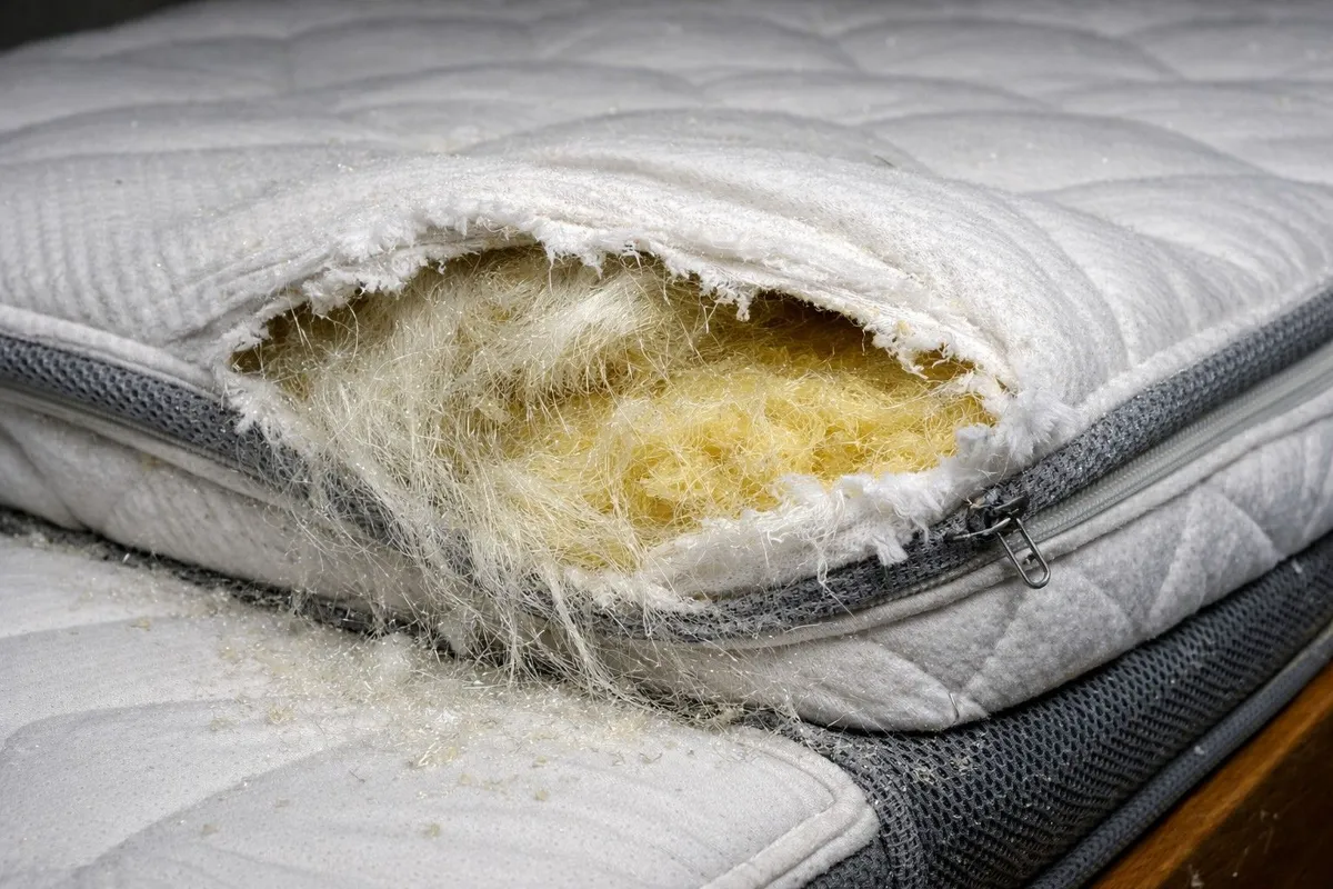 Fiberglass fibers visible after a memory-foam mattress cover was removed