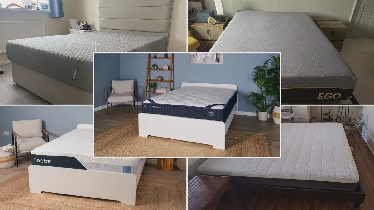 Wooden futon frame with visible slats supporting a memory foam mattress