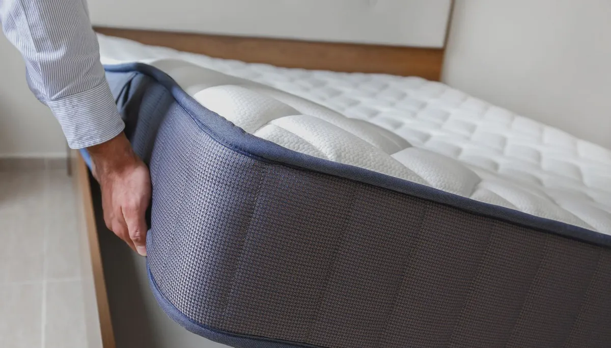 Bed-in-a-box mattress with cover removed exposing the inner fire barrier sock