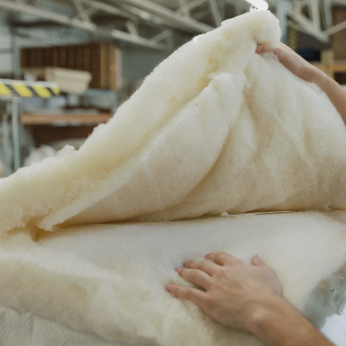 Cutaway showing organic wool, latex, and coil layers in a natural mattress