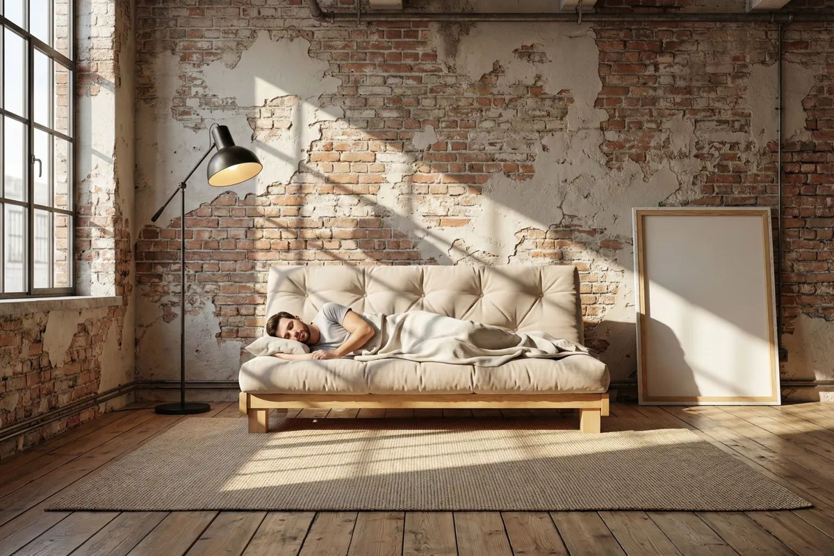 Person relaxing on a flat-laid futon with memory foam mattress