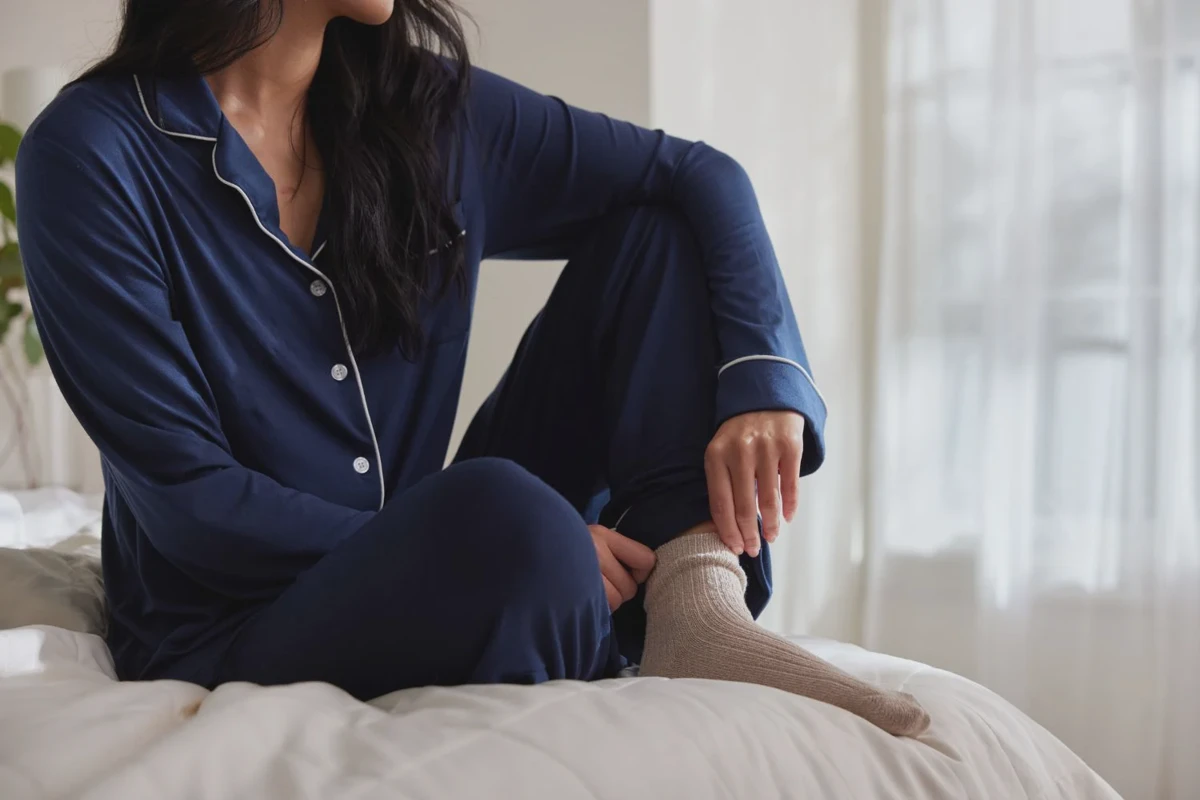Bamboo viscose pajamas folded on a bed, illustrating a lightweight cooling fabric option