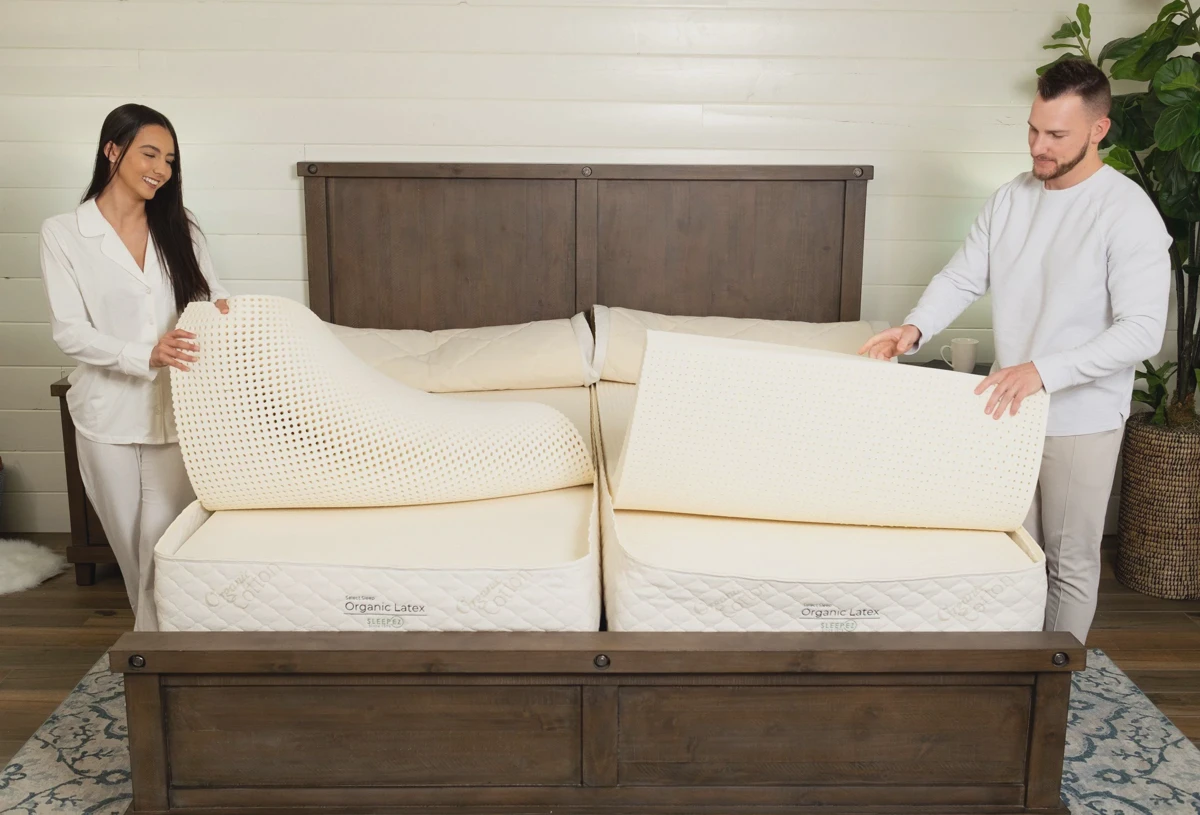 Stack of natural latex layers showing the customizable comfort system used in Sleep EZ mattresses