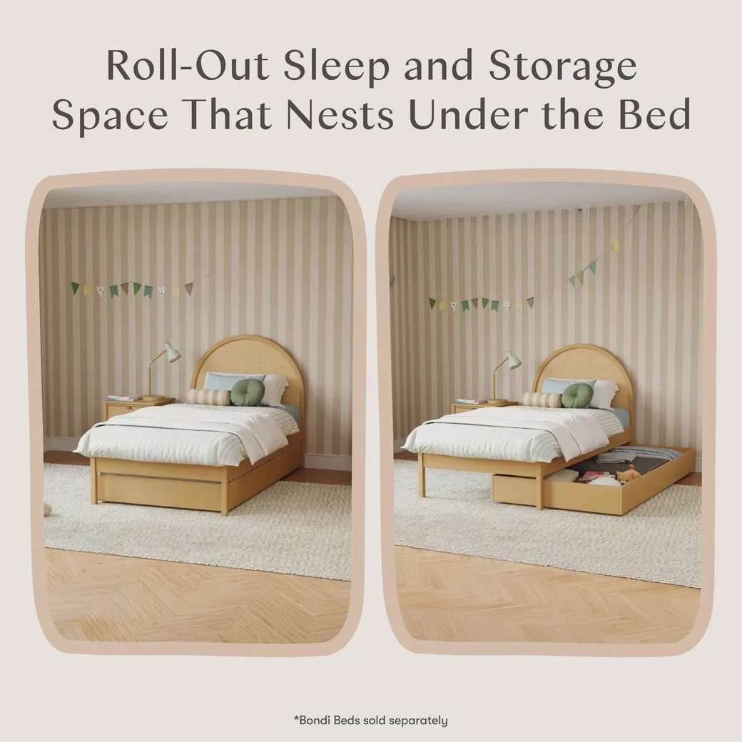 Babyletto twin storage trundle bed in honey wood with low-profile mattress