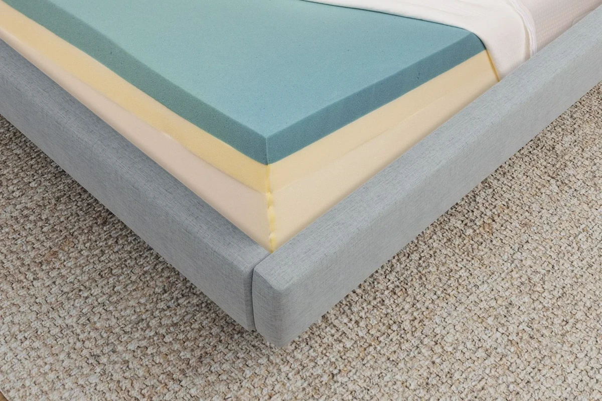Cutaway of Puffy memory foam mattress layers showing gel-infused cooling foam over a denser support core