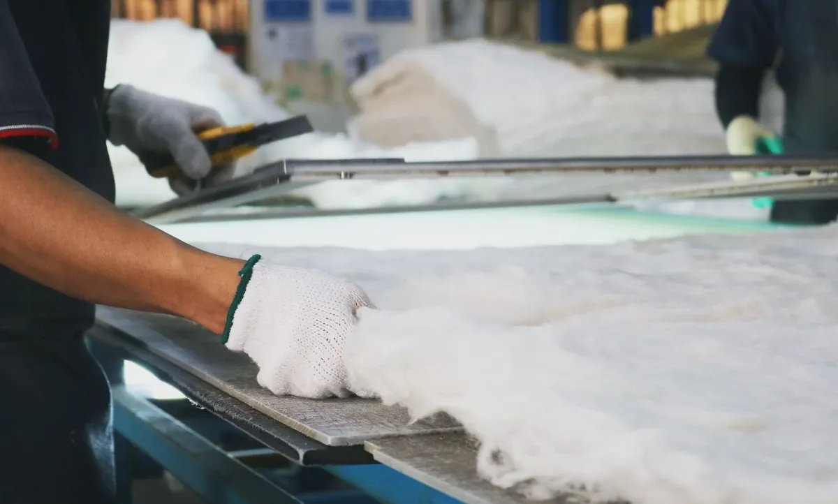 Layered mattress with fire-barrier glass fiber sock - the kind of construction at the center of fiberglass exposure complaints