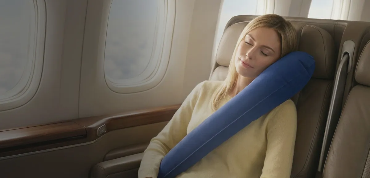 Travel pillow propped against an airplane window seat