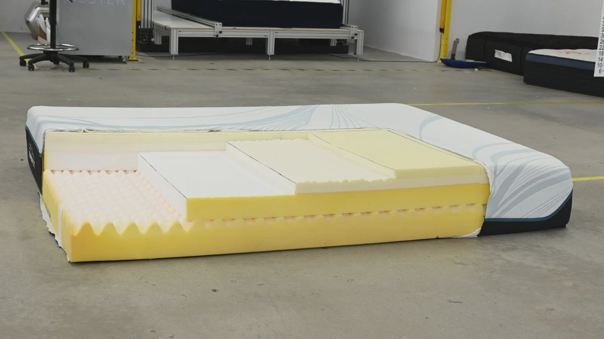Cross-section of a Tempur-Pedic Adapt mattress showing memory foam comfort and support layers