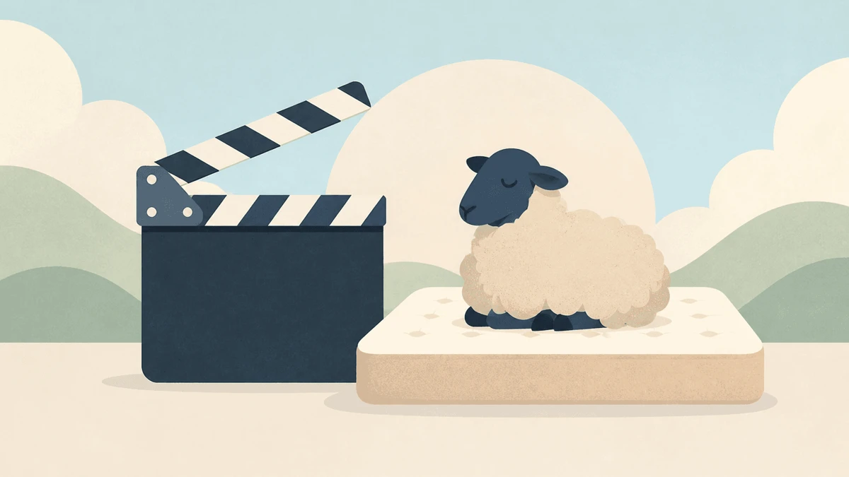 Flat illustration: film clapboard and a stylized sheep silhouette on a mattress against a pastel sky